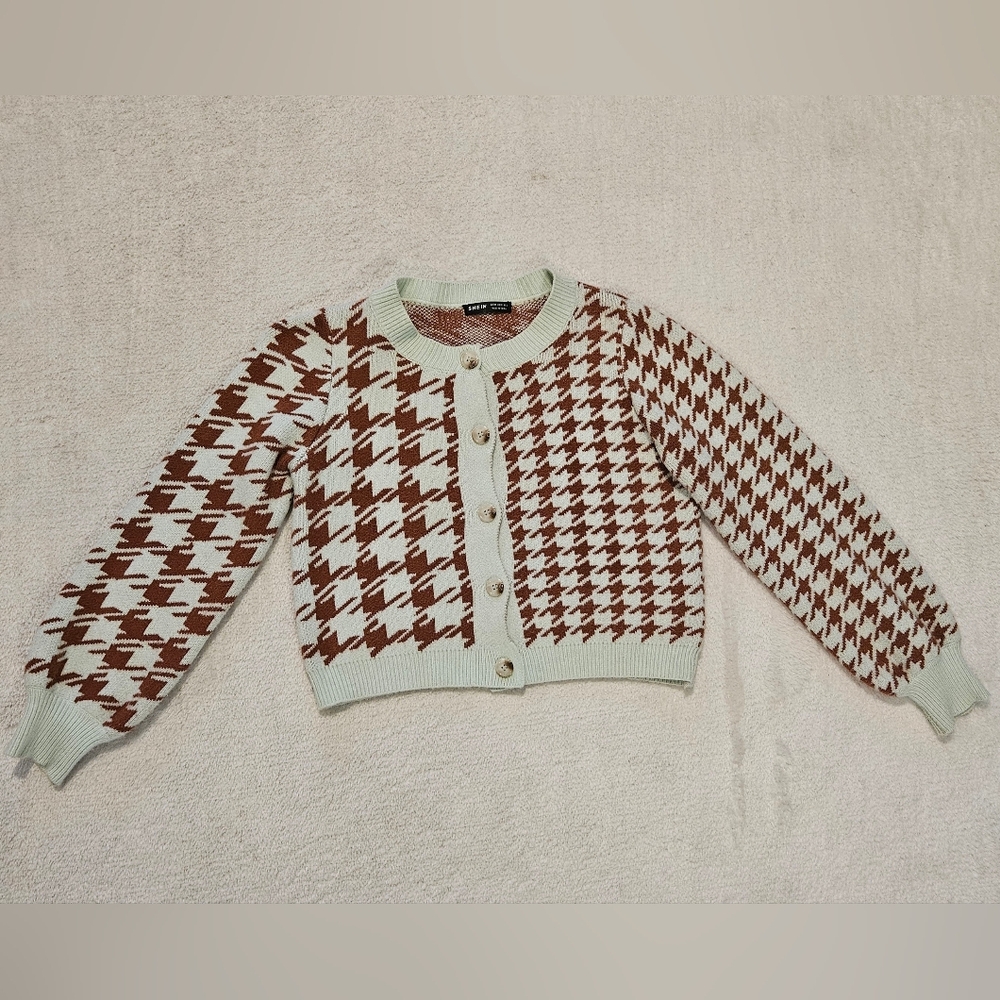 Cropped Cardigan Sweater Mint Blue Brown Size M Preppy Girlhoodcore Feminine - Picture 2 of 7
